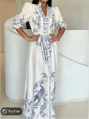 White & Blue Embroidered Maxi Dress with Tie Waist